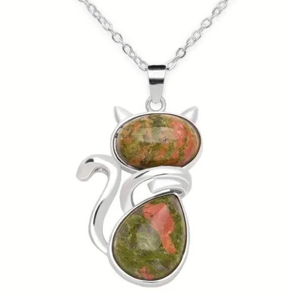 Jewelry - Unakite Natural Stone Cute Cat Pendant Necklace